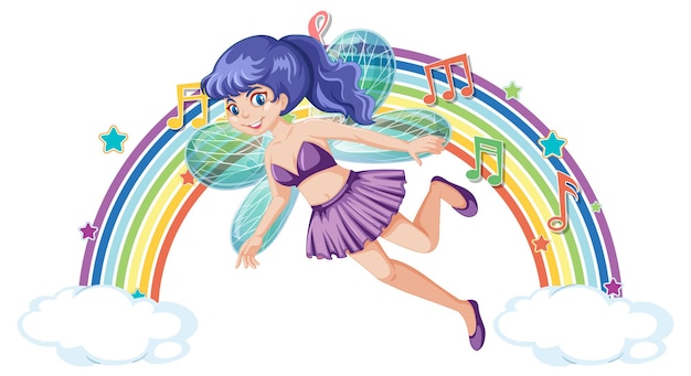 Free vector beautiful fairy standing on a cloud with rainbow