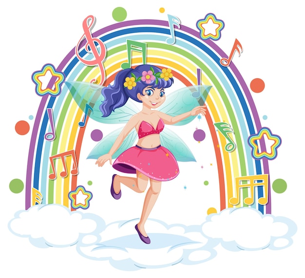 Free vector beautiful fairy standing on a cloud with rainbow