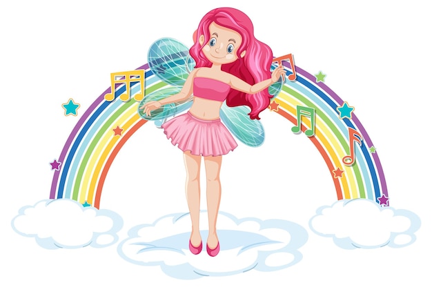 Free vector beautiful fairy standing on a cloud with rainbow