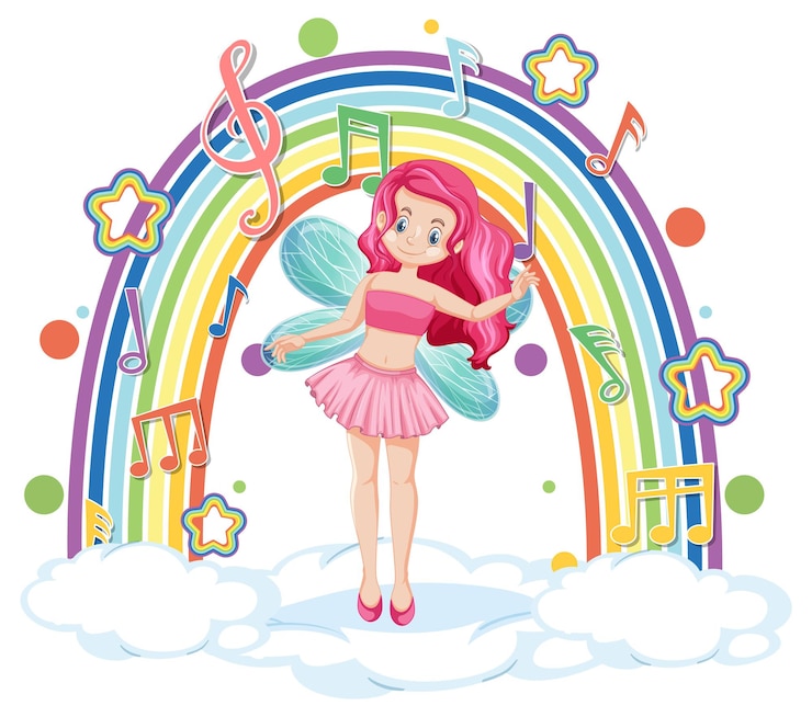 Free Vector beautiful fairy standing on a cloud with rainbow