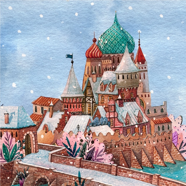 Красивый сказочный замок в зимнее время