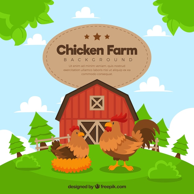 Free vector beautiful farm background with hen and rooster