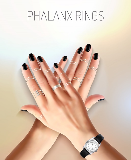 Free vector beautiful female hands with fashionable jewelry silver phalanx rings and watch realistic vector illustration