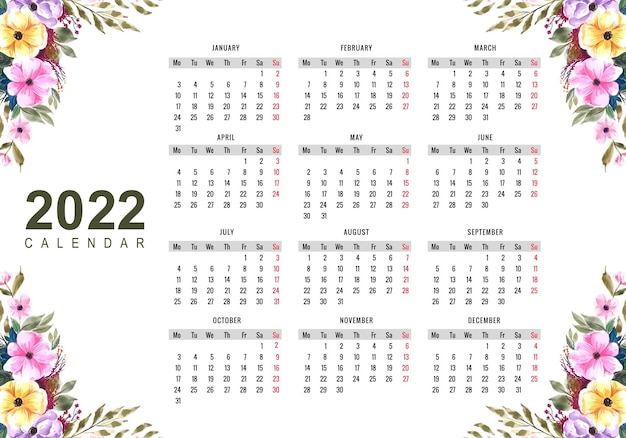 Free vector beautiful floral 2022 new year calendar design