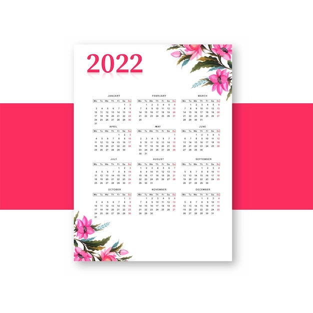 Beautiful floral 2022 new year calendar template design