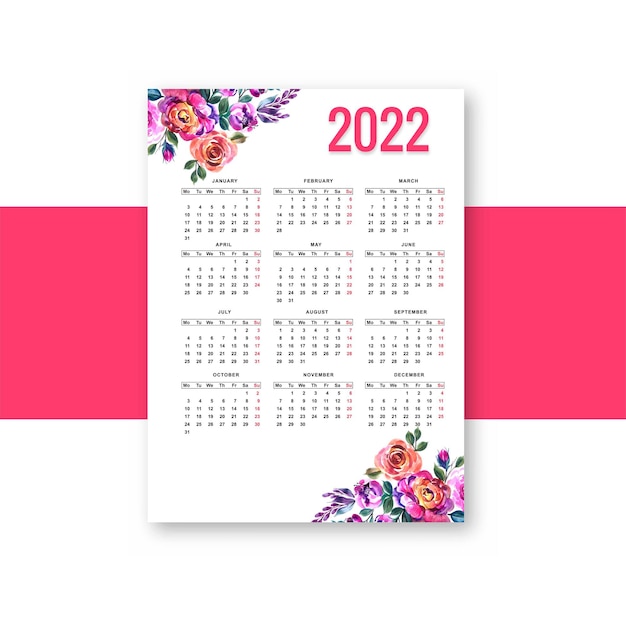 Bellissimo design floreale del modello di calendario del nuovo anno 2022