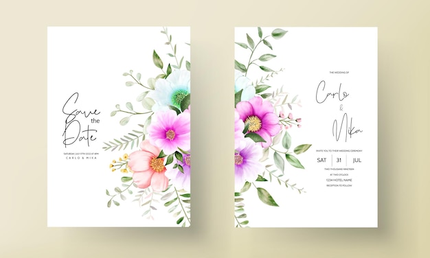 水彩​花​と​葉​の​美しい​花​の​フレーム​の​結婚式​の​招待​カード