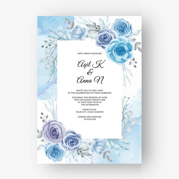 Beautiful floral frame for wedding with flower watercolor blue