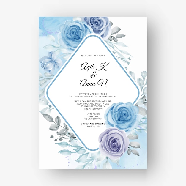 Vettore gratuito bellissima cornice floreale per matrimonio con fiore acquerello blu