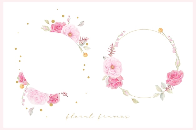 Free vector beautiful floral frame with pink rose watercolor