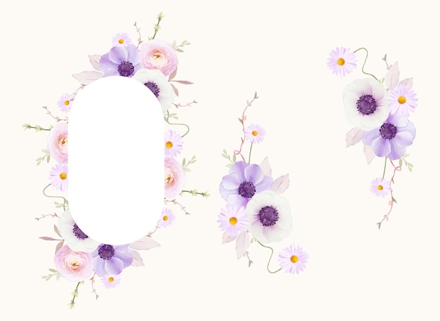 Free vector beautiful floral frame with watercolor anemones flower