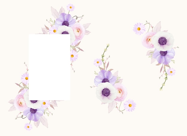 Beautiful floral frame with watercolor anemones flower