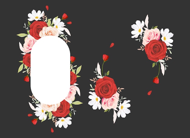 Beautiful floral frame with watercolor pink and red roses