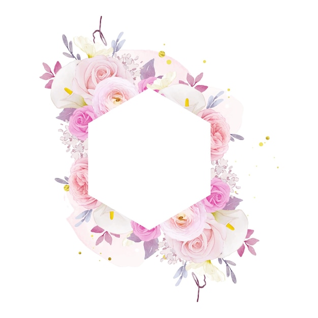 水彩ピンクのバラのユリとラナンキュラスの花と美しい花のフレーム