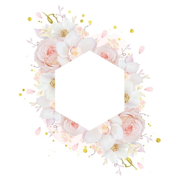 수채화 핑크 장미 난초와 아네모네 꽃과 아름 다운 꽃 프레임