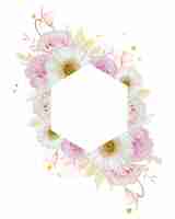 Free vector beautiful floral frame with watercolor pink rose and white gerbera flower