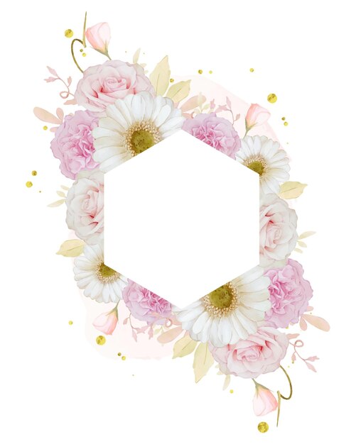 Красивая цветочная рамка с акварельной розовой розой и белым цветком герберы