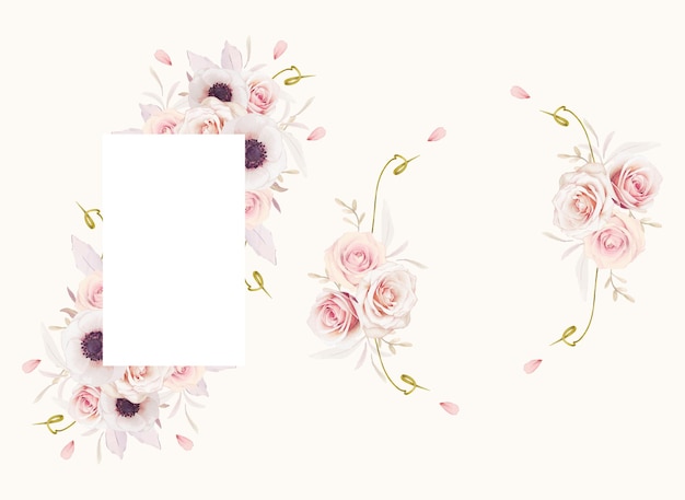 Красивая цветочная рамка с акварельными розовыми розами и цветком анемонов