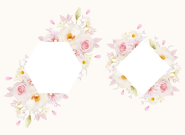 Красивая цветочная рамка с акварельными розовыми розами георгинами и белым пионом