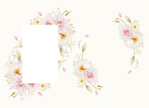 Красивая цветочная рамка с акварельными розовыми розами георгинами и белым пионом