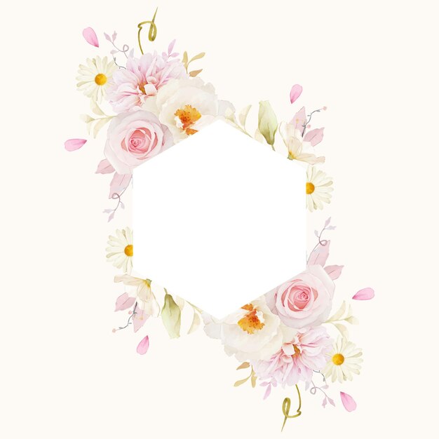 수채화 핑크 장미 달리아와 흰 모란과 아름 다운 꽃 프레임