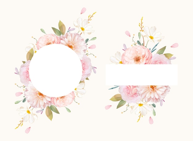 수채화 핑크 장미와 달리아와 아름 다운 꽃 프레임