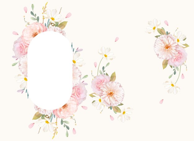 수채화 핑크 장미와 달리아와 아름 다운 꽃 프레임