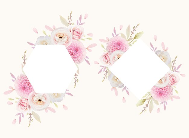 수채화 핑크 장미 꽃과 달리아와 아름 다운 꽃 프레임