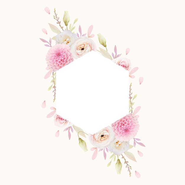 수채화 핑크 장미 꽃과 달리아와 아름 다운 꽃 프레임