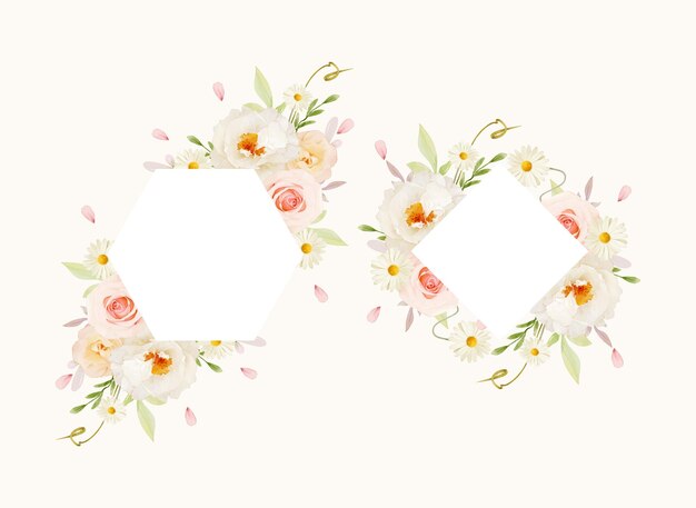 水彩ピンクのバラと白い牡丹と美しい花のフレーム