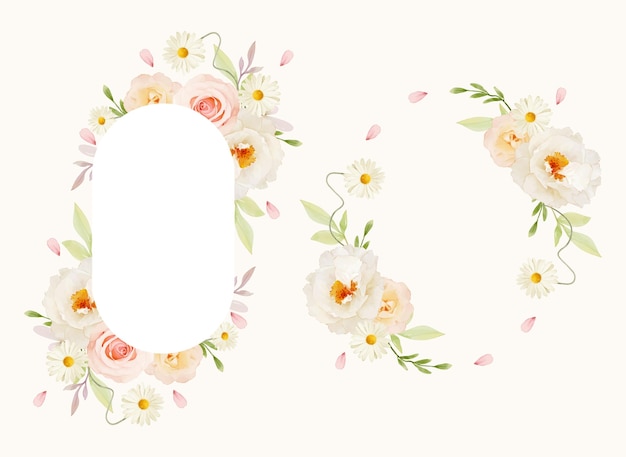 Beautiful floral frame with watercolor pink roses and white peony