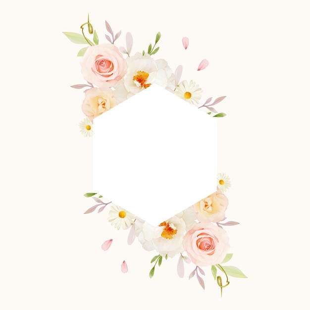 수채화 핑크 장미와 흰 모란 아름다운 꽃 프레임