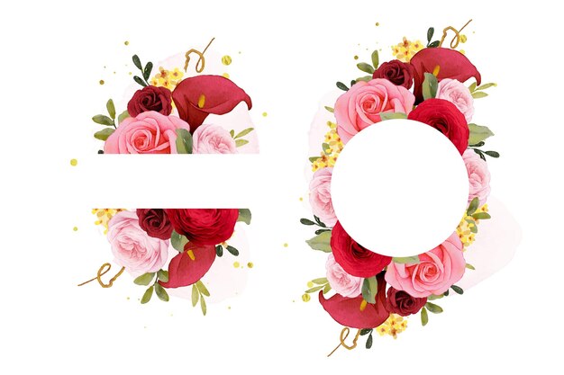 수채화 빨간 장미 백합 및 꽃 꽃과 함께 아름 다운 꽃 프레임