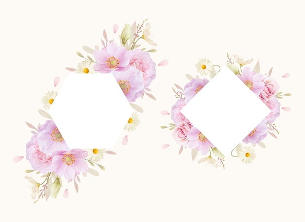 Бесплатное векторное изображение Красивая цветочная рамка с акварельными розами и цветком анемонов