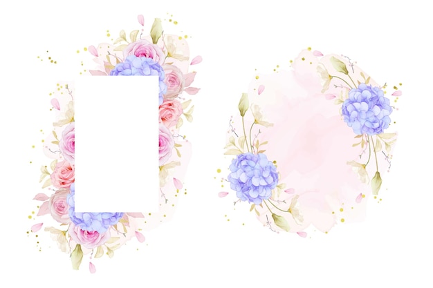 Free vector beautiful floral frame with watercolor roses and blue hydrangea flower