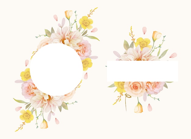 수채화 장미와 달리아와 아름 다운 꽃 프레임