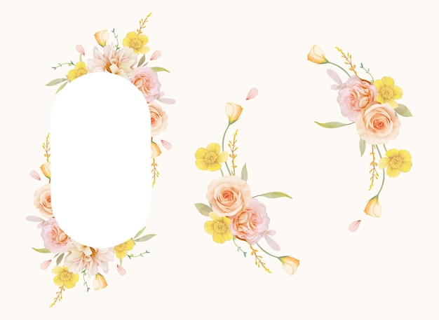 Free vector beautiful floral frame with watercolor roses and dahlia