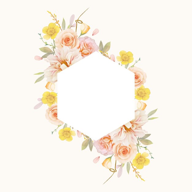수채화 장미와 달리아와 아름 다운 꽃 프레임