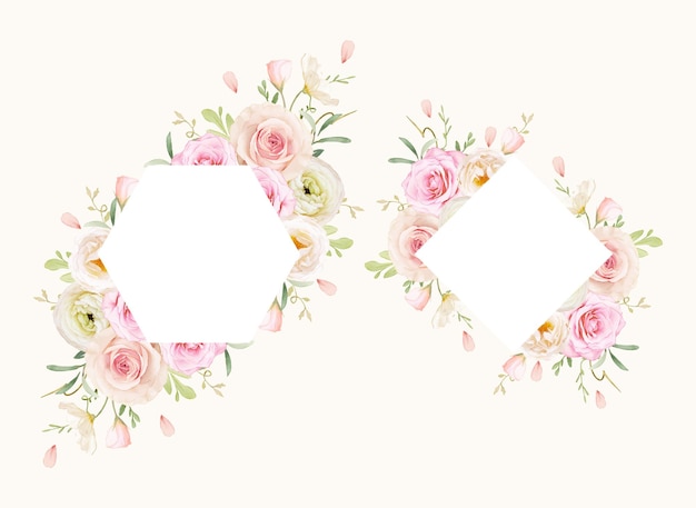 Free vector beautiful floral frame with watercolor roses and ranunculus