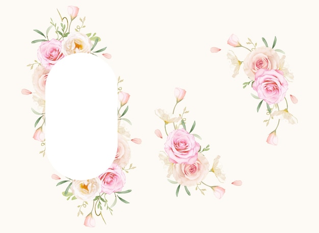 Free vector beautiful floral frame with watercolor roses and ranunculus