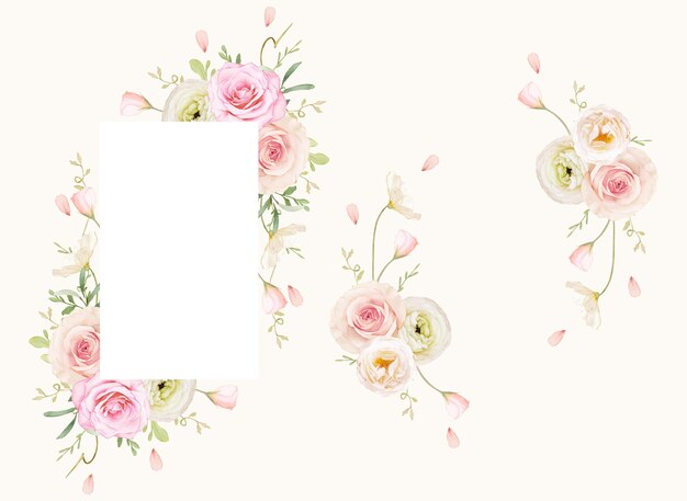 Beautiful floral frame with watercolor roses and ranunculus