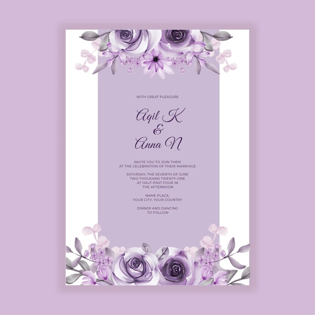 美しい花と葉紫の結婚式の招待カード
