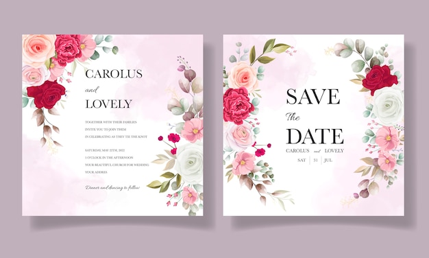아름 다운 꽃과 나뭇잎 결혼식 초대 카드