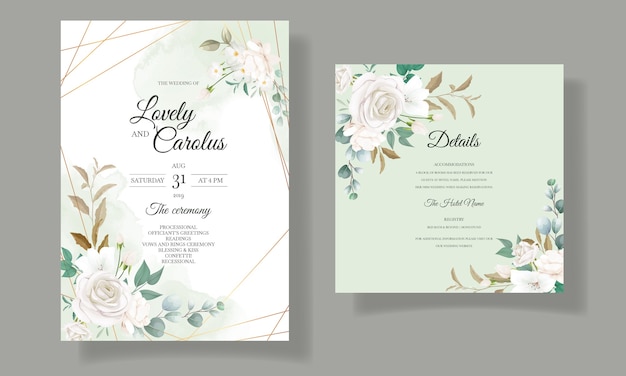 Beautiful floral and leaves wedding invitation card Free Vector