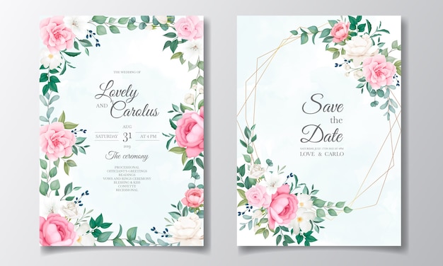 Beautiful floral and leaves wedding invitation card 