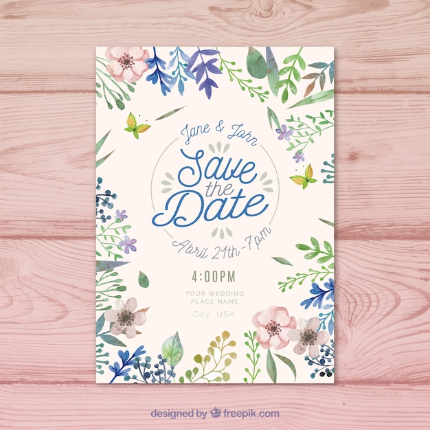 Beautiful floral save the date invitation in watercolor style
