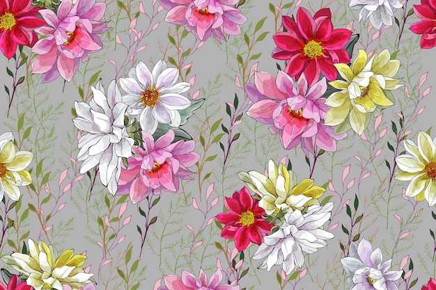 Beautiful floral seamless pattern with flowers dahlias.
