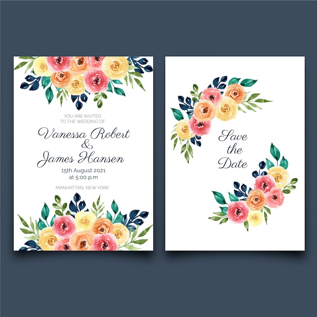 Free vector beautiful floral watercolor wedding invitation