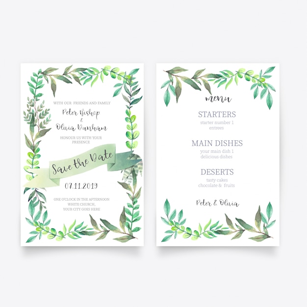 Beautiful floral wedding invitation with menu template