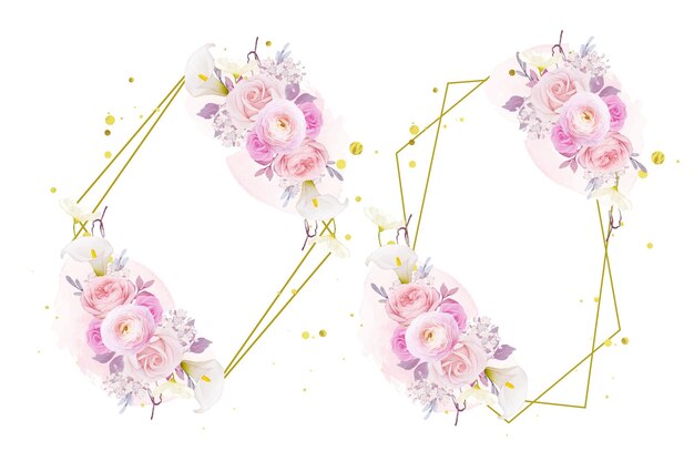 水彩ピンクのバラのユリとラナンキュラスの花と美しい花の花輪
